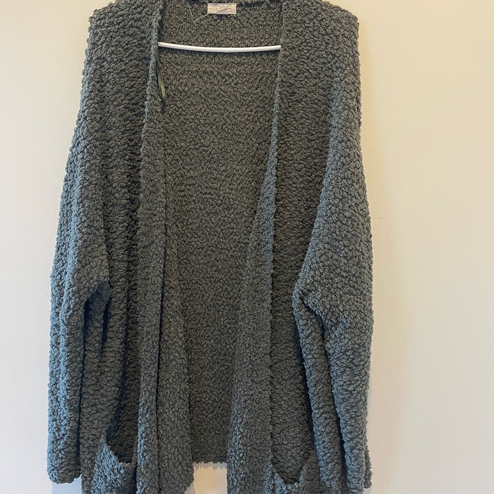 Cupio Open-Front Popcorn Knit Cardigan - Green